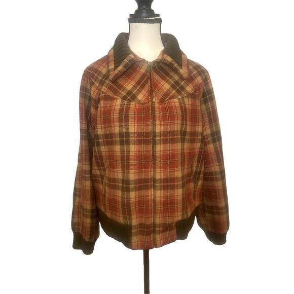 Women’s Relativity BROWN Plaid Lined Full Zip Wool Blend Jacket Pockets Sz Large - Picture 1 of 10